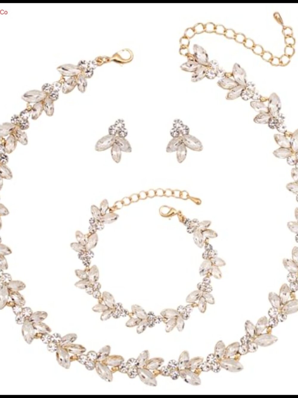 Crystal Leaf Choker Necklace Earring Bracelet Bridal Wedding Jewelry Set